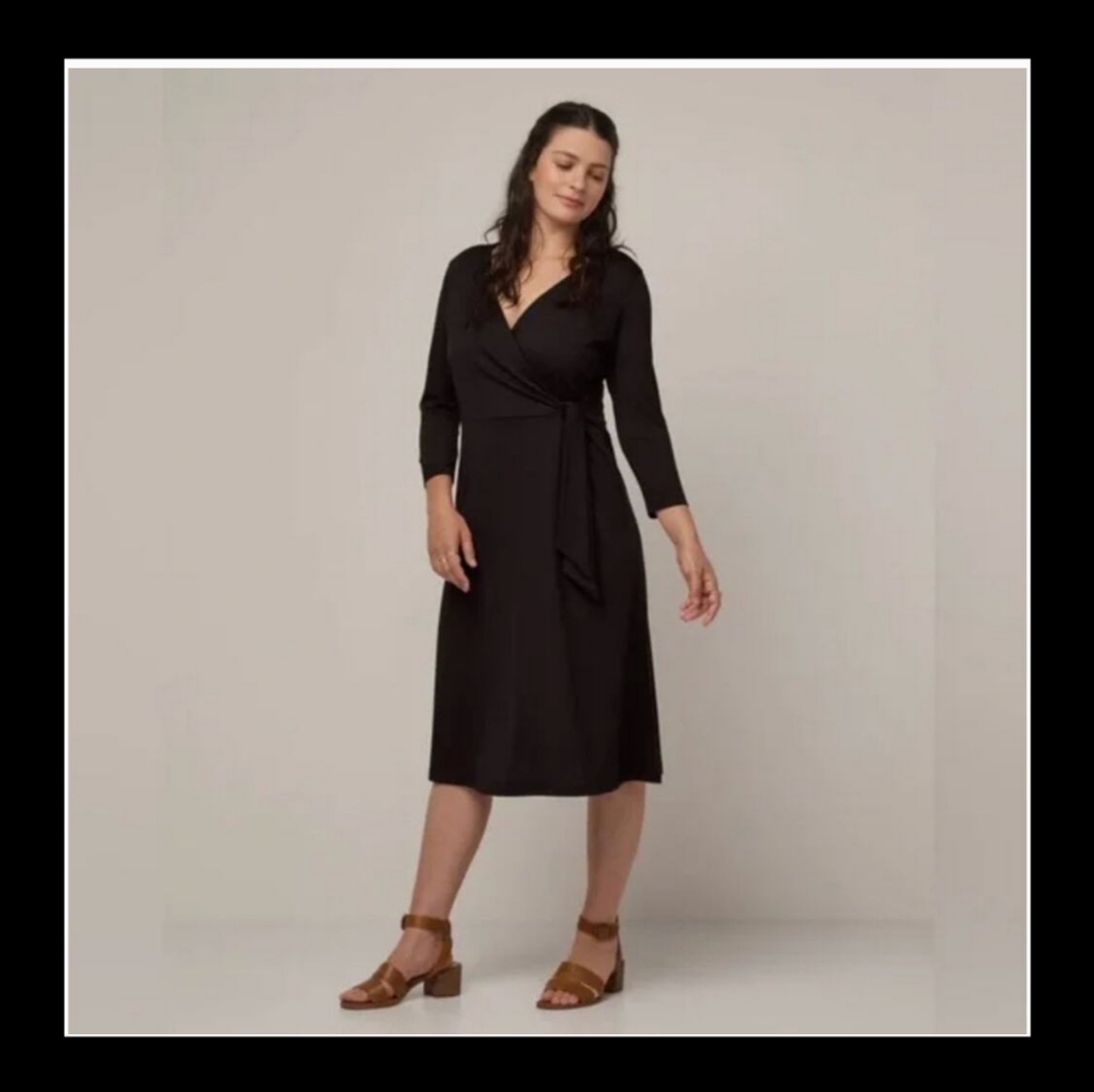 WOOL& Ellie Merino Wool Midi Faux Wrap Dress Black